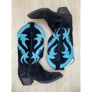 Vintage Larry Mahan Women’s Suede Leather Western Cowboy Boots Black Teal Sz 4B